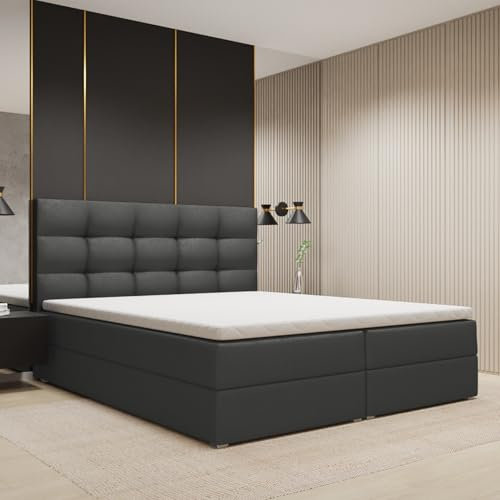 FurniDe24 Boxspringbett mit Taschenfederkernmatratze H3, Doppelbett mit gestepptem Kopfteil und 2 Bettkästen, Topper-Matratze 3cm, verstärkter Rahmen, dunkelgrau Plüsch, 180x200cm - Piko