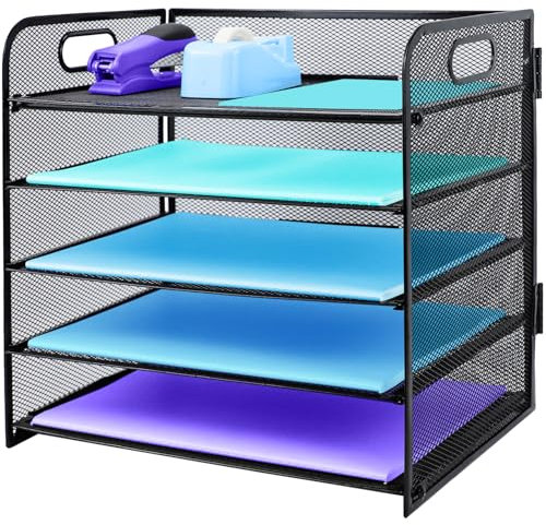 5 Tier Desk Organiser with Handle, Pull-out Mesh File Organizer for Desk Letter Tray Organizer Mesh Desk Organiser Tray Paper Storage Rack for A4 File Office Supplie, Black