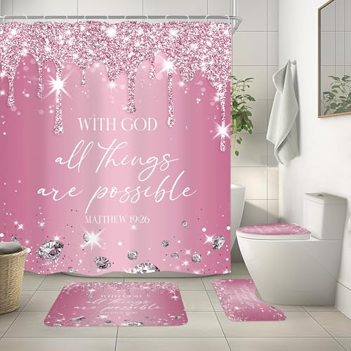 Newsely Duschvorhang- und Badematten-Set, 4-teilig, Motiv: Zitate mit rosa Diamanten, wasserdichter Polyester-Duschvorhang mit 10 rutschfesten Matten, Toilettensitzbezug