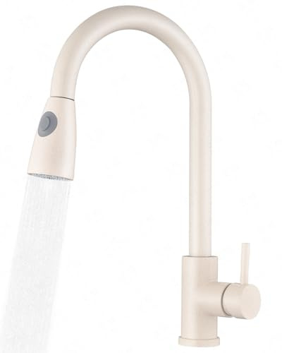 Küchenarmatur Weizenfarbe Ausziehbar mit 2 Strahlarten 360° Drehbar | Serenfira Hochdruck Küchenwasserhahn aus SUS304 Edelstahl, Einlochmontage, Kalt‑Warm, Hausküche, Ferienwohnung