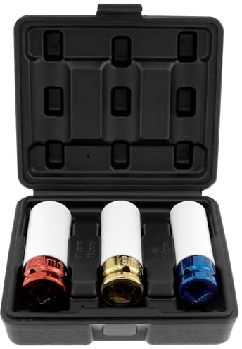 3pcs 1/2-Inch Drive Thin Wall Deep Wheel Protector Impact Socket Set, 6-Point Metric Lug Nut Sockets 17mm 19mm 21mm, Color-Coded Chrome Vanadium for Car Wheel Removal with Carry Case