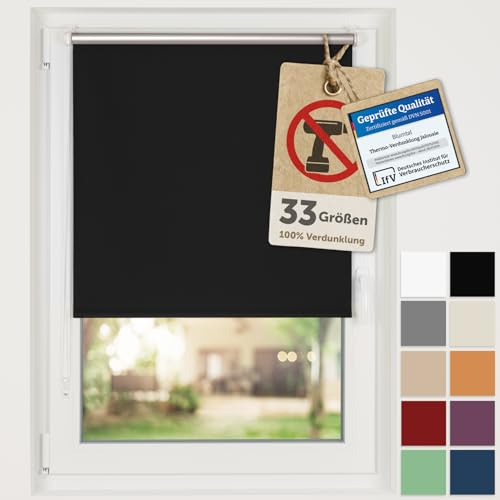 Blumtal Verdunkelungsrollo ohne Bohren 85x130cm - Thermorollo/Verdunklungsrollo 100% Verdunkelung - Klemmrollos für Fenster ohne Bohren - 4-lagiges Rollo UV-beständig - Blackout Blinds Schwarz