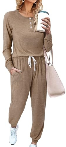 Magritta 2 Piece Outfits Women Lounge Sets Long Sleeve Tracksuit Casual Oversized Co Ord Sets Workout Activewear Tops and Loose Trousers Gym Clothes Fall Winter Pajamas Khaki Medium, 12-14