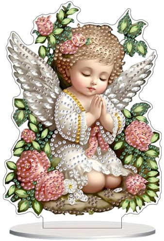 AIRDEA Engelstatue Diamond Painting Tischdeko Erwachsene, DIY 5D Spezielle Form Stehend Rosa Rosen Diamant Painting Bilder, Schreibtisch Deko Bastelset Erwachsene 8x5 inch