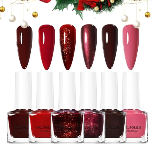 6PCS Red Nail Polish Set,Air Quick Dry Nail Varnish,Red Rose Pink Glitter Nail Varnish,Shimmer Nail Polishes Kit For Women Girls Gift No Need UV