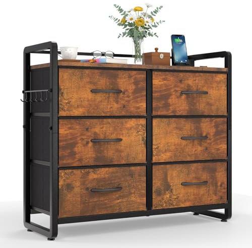 HOKEEPER Kommode 6 Schubladen Stoffbezug | Sideboard, Chest of Drawers, Stoffschubladen, Holz, mit Schubladen, für Wohnzimmer, für Schlafzimmer, Braun