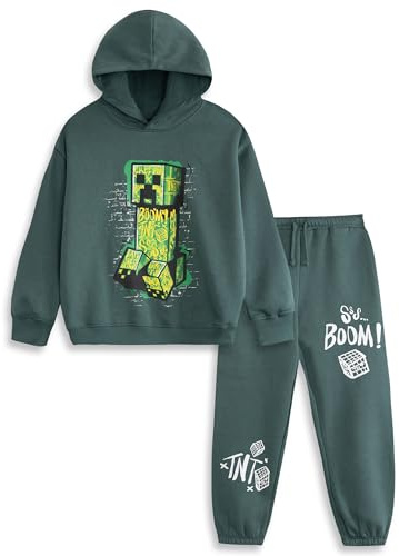Minecraft Creeper Unisex Kinder-Sweatshirt und Jogginghose, dunkelgrün | Langärmliger Rundhalsausschnitt mit „Boom!“-Motiv | Streetwear-Loungewear zum Spielen