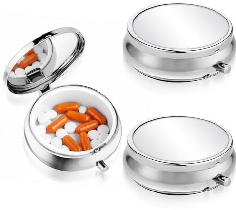 Wanmu 2 Stück Tragbare Pillendose Rund Tabletten-Organizer Mit Spiegel Metall Klein Medikamentendosen Pillendosierer für Reisen täglich Vitamine Fischöl Organizer Medizin Spender (1 Fach)