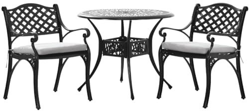 Warmiehomy Garden Table and Chairs Set 3 Pieces Garden Dining Set Cast Aluminum 91cm Round Dining Table with Parasol Hole 2pcs Chairs with Cushion Outdoor Patio Bistro Tables 2 Seater Armchairs