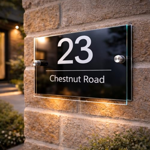 Personalised House Numbers Plaques by Blitz Craft | Glass Effect Acrylic and Black Aluminium | Custom Address Text with Door Numbers for Outside, Weatherproof Design with Fixings (200x130mm) D007