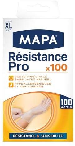MAPA Gants fins en vinyle Résistance Pro taille XL — 100 gants jetables hypoallergéniques sans latex, non poudrés, pour usage professionnel - Lot de 2