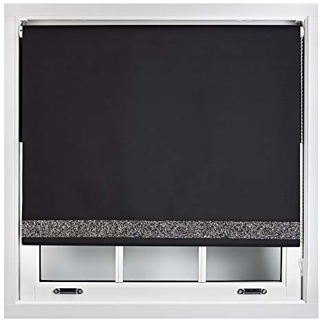 FURNISHED Blackout Roller Blinds With Glitter Edge - Trimmable Thermal UV Protection Fabric Easy Fit Sparkle Glitter Blind for Windows, Black 180W x 165H cm