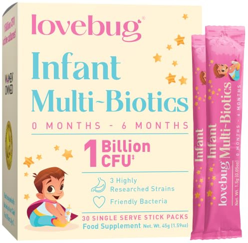 Lovebug Infant Multibiotic Powder, 30 Sachets | Multibiotic & Prebiotic Support Formula, Dairy & Gluten Free, Ages 0-6 Months, Easy-Mix Stick Packs