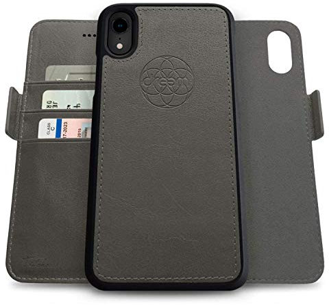 dreem Fibonacci 2-in-1 Wallet Case for Apple iPhone XR - Luxury Vegan Leather, Magnetic Detachable Shockproof Phone Case, RFID Card Protection, 2-Way Flip Stand - Grey