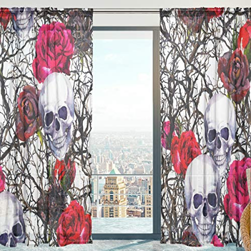 Mnsruu Fenster Vorhänge, Gardinen Platten Fenster Behandlung Set Voile Drapes Tüll Vorhänge Totenkopf 213 cm lang für Wohnzimmer Schlafzimmer Girl 's Room 2 Platten