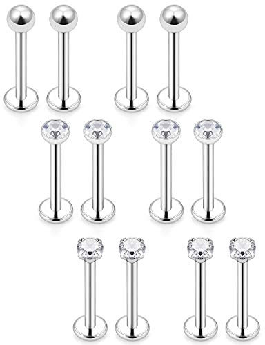 Mayhoop 12er 16G 1.2mm Knorpel Tragus Helix Piercing Chirurgenstahl CZ Kugel Lippenpiercing Labret Stecker 3 Stil 8mm Silber