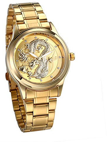 JewelryWe Armbanduhr für Damen und Herren mit Diamantskala, dekoratives Zifferblatt Drache in drei Dimensionen, Leuchtzeiger, Armbanduhr aus Edelstahl, gold, Homme, Armband