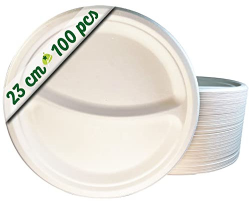 GoBeTree 100 assiettes jetables de 23 cm avec 2 compartiments. Assiettes en canne à sucre, vaisselle jetable blanche extra forte. Plaques rondes.