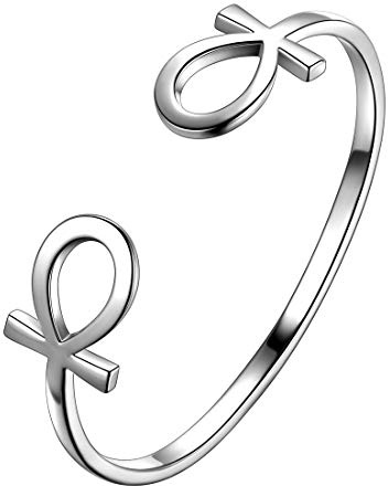 beautlace Ankh Verstellbarer Kreuzring für Damen und Herren, Silber/18 Karat Gold/Schwarz Pistolenüberzug Horizontal/Ankh Offenes Kreuz für Damen und Herren Silber Zirkonia