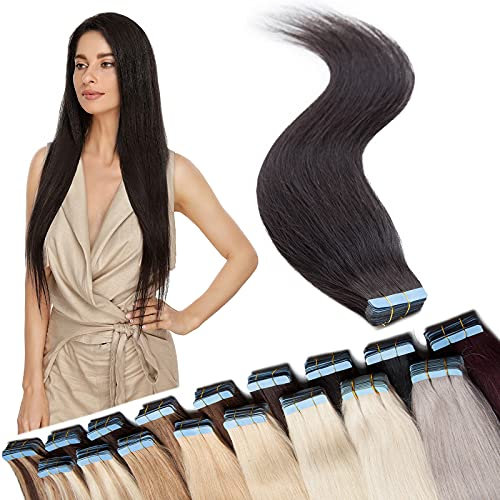 SEGO 40 Stück Tape in Extensions Echthaar 2.5g/pcs Klebeband Haarverlängerung 100% Remy Human Haar Haarteil (+10 Tressen free tapes) Naturschwarz#1B-1 61 cm