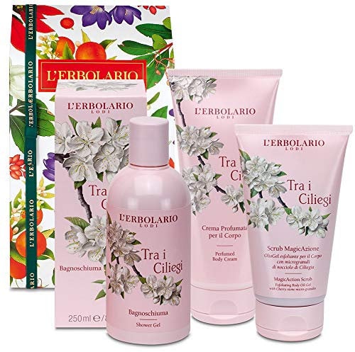 L' Erbolario - TRA I CILIEGI - Confezione Regalo in Scatola Originale Decorata (Bagnoschiuma 250 ml, Crema Corpo 200 ml, Scrub Magicazione 150 ml) + in OMAGGIO Saponetta Florinda da 50 gr
