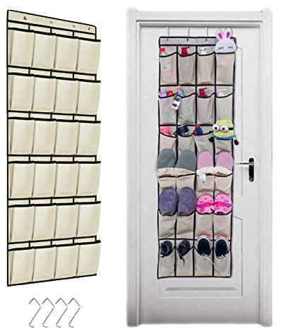 TFSYLISA 24 Taschen Organizer über der Tür für Schuhe Hängeorganizer Tür Schuhe Lagerung mit 4 Türhaken für Schlafzimmer Badezimmer Kleiderschrank Beige