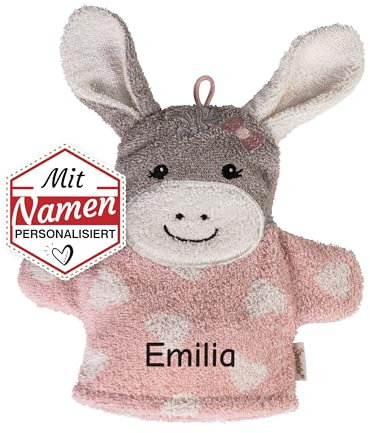 Sterntaler Esel Emmi Girl mit Namen personalisiert (bestickt), Kinder Waschhandschuh, Baby Waschlappen/Mädchen Waschtuch zum baden, Geschenk zur Geburt Taufe Ostern Nikolaus