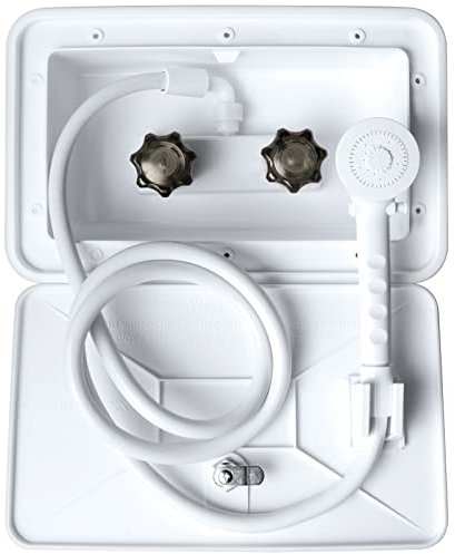 EXCELFU Kit doccia esterna per camper, kit doccia esterna di ricambio con soffione doccia e tubo a spirale per camper, furgoni, rimorchi da viaggio, camper e barca (bianco)