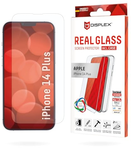 Schutzglas + Schutzhülle für iPhone 14 Plus (10H), Eco-Montagerahmen | DISPLEX Real Glass + transparente Schutzhülle, 10H Panzerglas, Bruchschutz, extra-harte Kanten, kratzfest, Anti-Shock