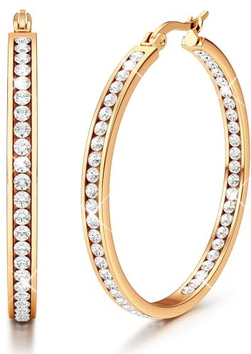 Adramata Ohrringe Creolen Edelstahl Damen Hypoallergen Kreolen mit AAA Zirkonia Ohrringe Hängend 40mm/50mm/60mm Earrings For Women Creolen Silber/Gold/Rosegold