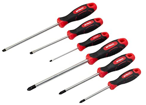 Amtech L0665 General Purpose Screwdriver Set, 6Pcs, 3 Pozi & 3 Slotted, Non-Slip Handles, Durable Carbon Steel Shafts