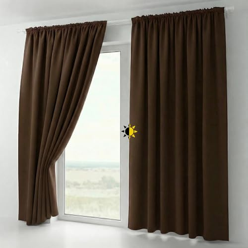 BEAUTEX 2er Set Kräuselband Verdunkelungsvorhang mit U-Band, Gardinen abdunkelnd und Blickdicht (B=140 cm, H=175 cm, Dunkelbraun)