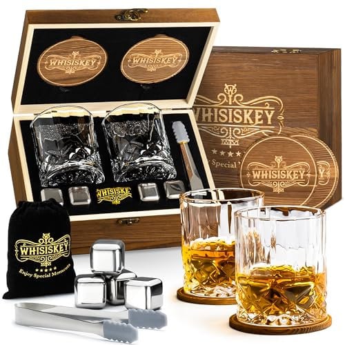 WHISISKEY Whisky Gläser Set - Whiskey Geschenkset Glas - Whiskygläser - Geschenke für Männer - Männergeschenke - Geburtstagsgeschenk Mann - Geschenkbox, 2 Rum Gläser x 310ML, 8 Whiskey Steine