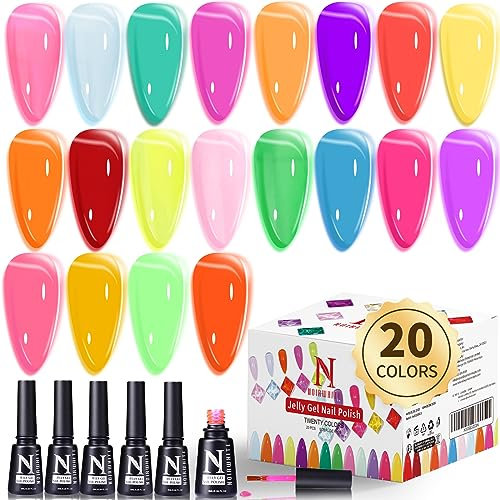 Clara Colors Jelly Gel Lack, 20 Farben Trendy Neon Jelly Gel Nagellack Set Glänzend Kristall Transparent Lack Nude Pink Lila Grün Blau Gelb Rot Farben Nagellack Set Soak Off UV LED Home DIY