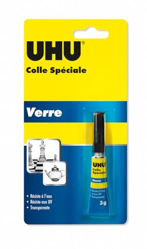 UHU Colle spéciale verre - colle forte, rapide, étanche, réactive aux UV, transparente, tube 3g