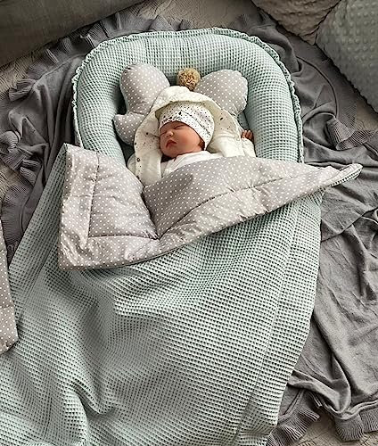 Waffelpique MINZE Grün/Mini PUNKTE Grau Baumwolle Babynest Neugeborene Baby Unterlage Reisebett Nestchen SOLO/o. PREMIUM Ausstattung SETS (Nestchen + DECKE (80x100cm) + Schmetterling)