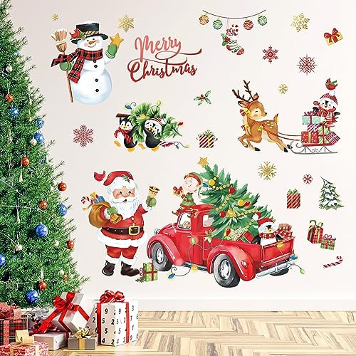decalmile Weihnachten Fenster Wandtattoo Weihnachtsmann Schneemann Pinguine Weihnachten Wandsticker Rot Auto Weihnachtsbaum Kinderzimmer Fensteraufkleber Schneeflocke Weihnachtsdekoration