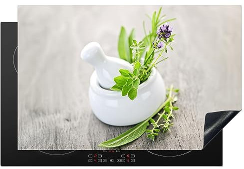 KitchenYeah© Herdabdeckplatte Einteilig Abdeckplatten Cerankochfeld Abdeckung Ceranfeld Herdplattenabdeckung Induktionsmatte Kräuter - Grün - Weiß - Gefäß - 80x52 cm