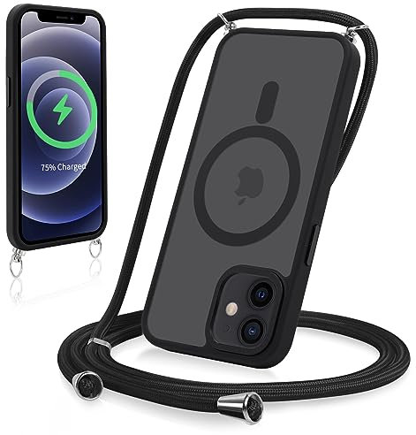 Yoedge Magnetische Handyhülle für iPhone 12/iPhone 12 Pro 6,1 Hülle mit Band, Kompatibel mit MagSafe, Matt Transluzente PC + TPU Stoßfest Schutzhülle mit Handyband Kordel zum Umhängen Case, Schwarz