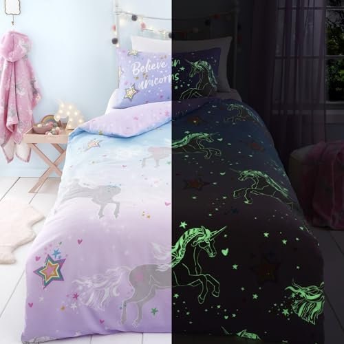 Bedlam Copripiumino per letto matrimoniale (200 x 200 cm), reversibile (2 fantasie), con stella magica e unicorno, per ragazze, rosa e lilla