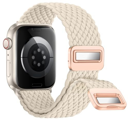 Nepfaivy Geflochtenes Armband Kompatibel mit Apple Watch Armband 45mm 44mm 46mm 49mm 42mm, Nylon Elastische Band mit Magnetischer Schnalle für iWatch Series 10/9/8/SE/7/6/5/4/3/2/1/Ultra, Sternenlicht