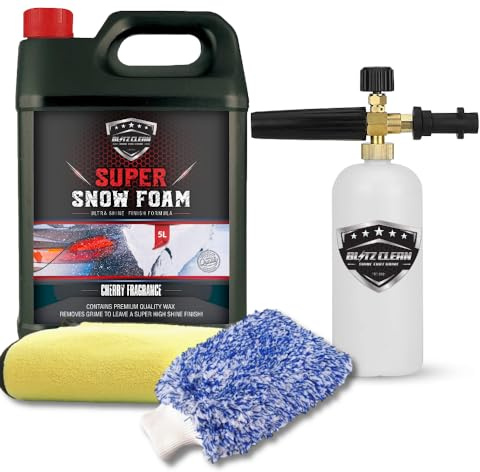Snow Foam Plus Cannon Full Kit Inc Wash Mitt & Drying Cloth Wash Detailing Valeting Kit For Car Van Caravan 5L Super Thick Pre Wash With Karcher K Range Snow Cannon Lance (Cherry)