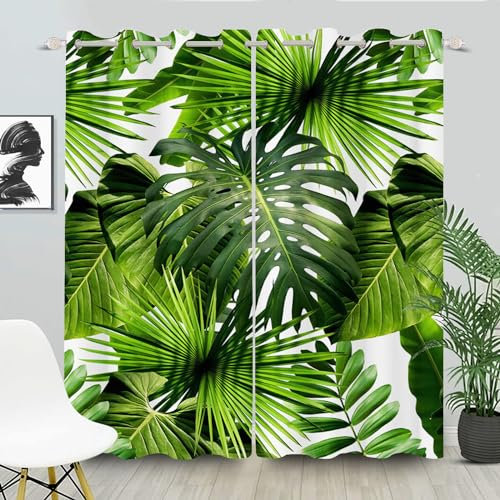 FABTOP Gardinen Blickdichter Grüne Palmblätter, Tropische Blätter Vorhänge Grüne Palmblatt Ösen Gardinen, Grüne Tropische Pflanze Muster Monstera Vorhänge (2,150×166BxH (75×166cm×2))