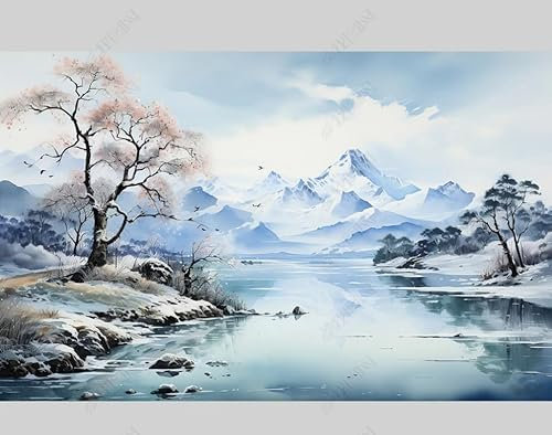 Fototapete Schnee Berg Fluss Bäume Naturlandschaft Vliestapeten Tapete Schlafzimmer Wohnzimmer Fototapete 3D Tapete 200Cm(W)*140Cm(H)