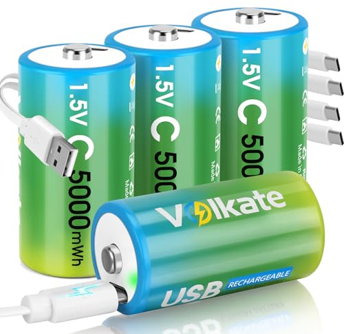 volkate C Batteries 4 Pack, USB Rechargeable Lithium C Cell Batteries with Charging Cable, Battery C Size LR 14 1.5V 5000mWh, Type C Battery