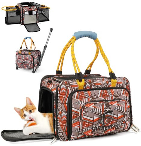 Katzentransportbox Transporttasche mit Rollen Kleine Hund Kleine und Mittelgroße Kleintiere Transportboxen für Flugzeug Haustiere Reisen Wagen Rollen mit Teleskopgriff Schultergurt Abnehmbare Räder