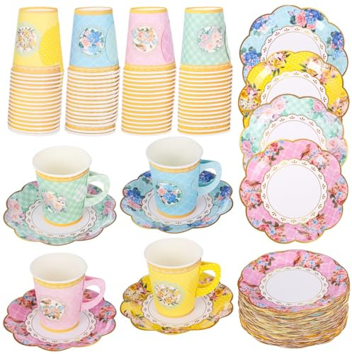 192 PCS Floral Paper Tea Cups with Handle - 96 Disposable Cups and Saucers for Birthday Wedding Tea Party Decorations