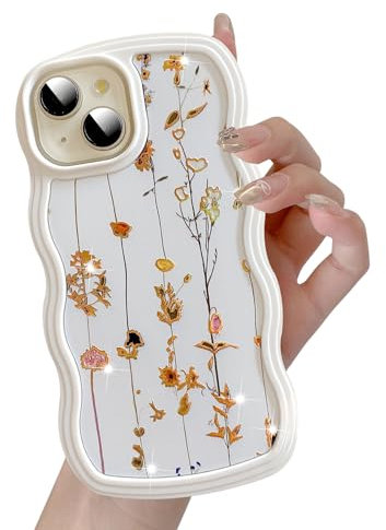 UEEBAI for iPhone 14 Case & iPhone 13 Case 6.1″, Floral Wave Frame Cute Curly Anti-slip Flower Case with Aesthetic Pattern, TPU Slim Bumper Shockproof Protective Cover for Women Girls - Vine