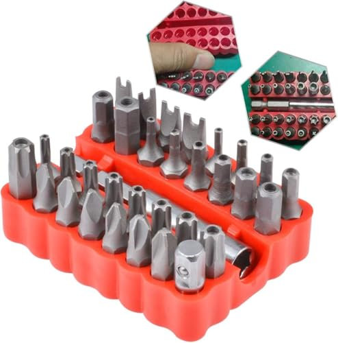 HOHXEN Juego De Puntas De Destornillador - 33 Piezas, Tornillo De Seguridad A Prueba De ManipulacióN Cabeza De Taladro Hexagonal Con Soporte De Taladro De ExtensióN MagnéTica - Caja Roja
