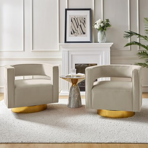 HULALA HOME Sessel gemütlich Loungesessel Clubsessel mit ergonomische Rückenlehne und goldenem Metallgestell drehbar Lesesessel aus Samt für Wohnzimmer und Schlafzimmer 2er Set, Beige